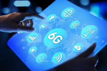 6G New generation telecommunication fast internet and technology concept on virtual screen.