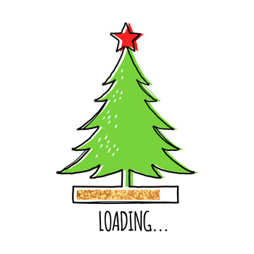 Line Christmas tree with red star on top and golden loading bar