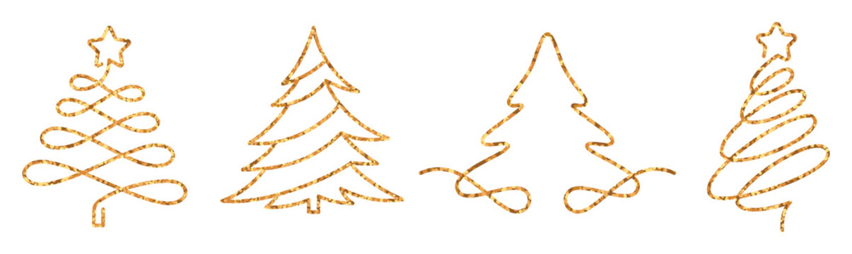 Christmas trees one line drawing style with gold sparkle effect.