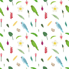 Seamless pattern with rose ringed parrots, tropical leaves, flowers and egg. Cute baby print for fabric and textile.