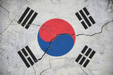 An image of the Republic of Korea flag on a wall with a crack.