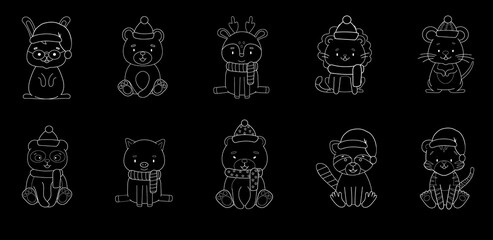 set of cute chalk outline christmas animals