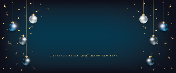 Blue christmas balls background. Hanging blue Xmas decorative bauble on the ribbon. Festive vector realistic decor ornaments