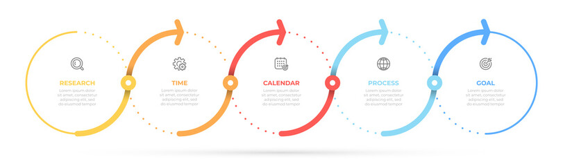 Timeline infographic label design with 5 options. Business process steps.