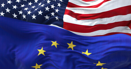The flags of the European Union and the United States of America waving in the wind