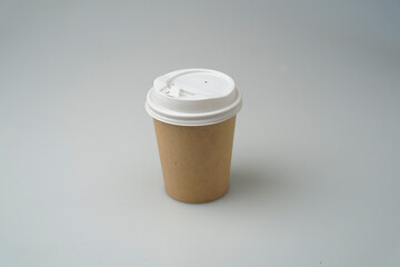 Empty a cup of coffee craft paper disposable mock up on white background. Delivery food concept.