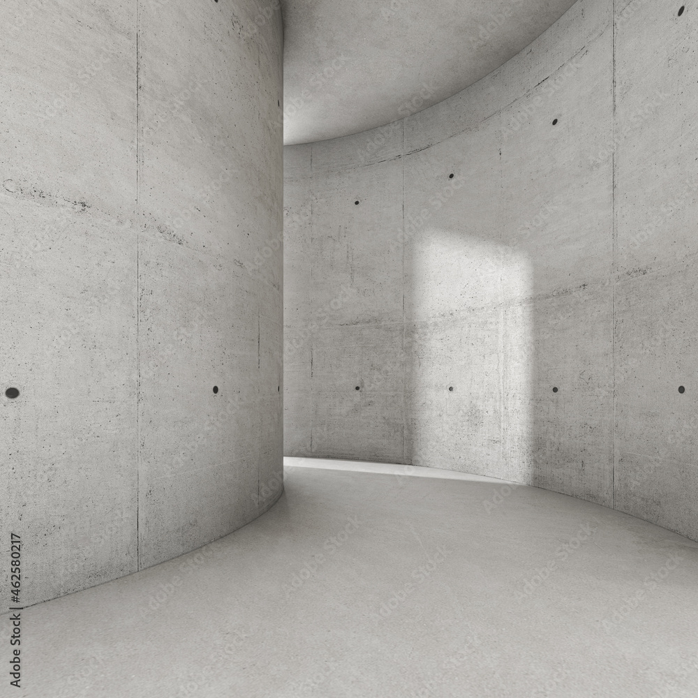 Poster 3d render of empty concrete corridor with large wall.