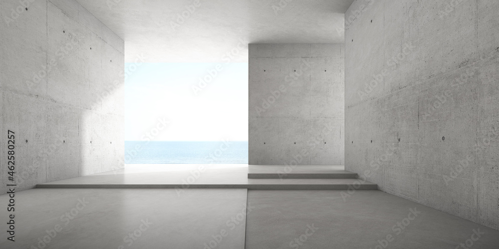 Leinwandbilder 3d render of empty concrete room with large window on the sea background.