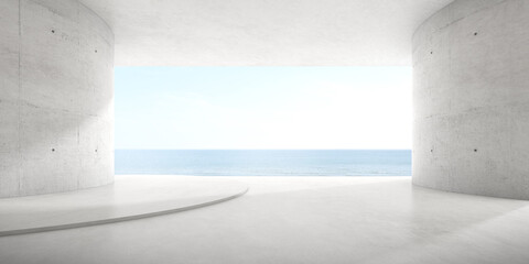 3d render of empty concrete room with large terrace on the sea background.