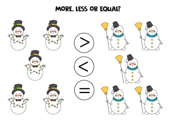 More, less, equal with Christmas snowmen. Math comparison.