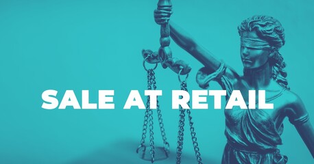Naklejka premium Sale at Retail. Close-up of a Lady Justice Statue. Duotone blue with white text. Law and lawyer symbol.