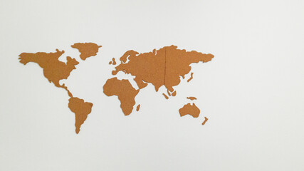 World map, cork, on white background.