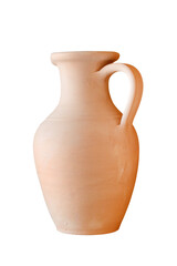 Clay ceramic jug made by hand. Isolated on a white background.