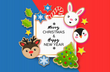 Happy New Year and Merry Christmas Greeting card. Christmas gingerbread paper cut style. Animals. Deer, Rabbit, Penguin. Square frame. Winter holidays.