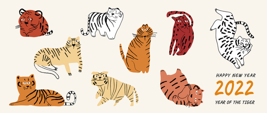 Naklejka Cute Tiger doodle vector set. Cartoon Tiger characters design collection with flat color in different poses. Happy Chinese new year greeting card 2022 with cute tiger.