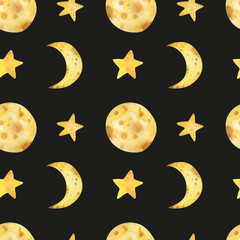 Fototapeta na wymiar Watercolor cute lunar moon seamless childish pattern hand drawn in aquarelle ink isolated on white background. Ideal for fabric apparel, textile, newborn nursery.