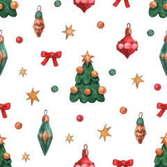 Watercolor background with vintage Christmas toys, fir and stars. Hand painted illustration. Winter holiday print can be used for packaging, wrapping paper, textile, home decor