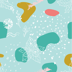 Winter seamless botanical pattern, Christmas plants and berries, mistletoe, poinsettia, holly. Abstract grunge textured pattern, New year wrapping paper. Modern vector illustration. Blue background