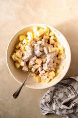 Cutted and peeled apples. Cooking an apple pie or tart. Step by step recipe.