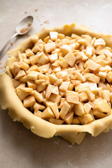 Raw Tart dough, shortcrust pastry with cutted apples, in ceramic tart pan. Baking an apple rustic pie. Step by step recipe.