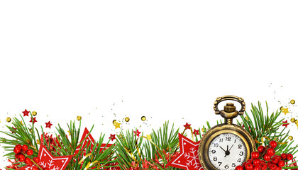 Christmas decorative border with pine tree, clock and red wooden stars isolated on white