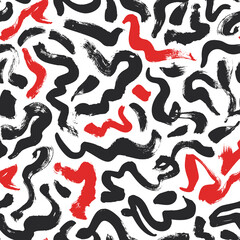 Curly waves hand drawn seamless pattern. Ink brush grunge vector texture. Black wavy lines on white background. Paint brushstrokes freehand drawing. Abstract wrapping paper, textile monochrome design.