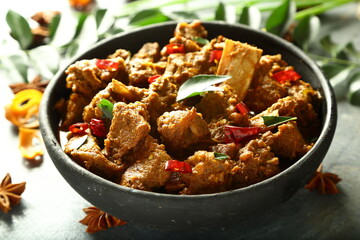 Homemade INDAN BEEF FRY, FRIED MEAT WITH SPICES.