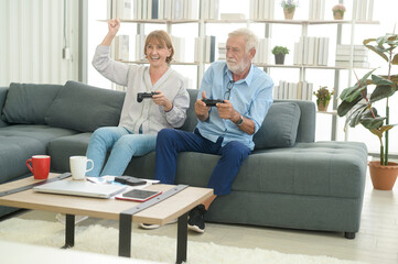 Happy Caucasian senior couple playing games at home