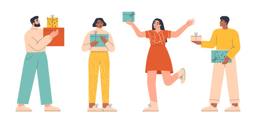 People giving presents. Man and woman holding gift boxes set. Celebration, surprise party concept. Birthday, Christmas greeting collection. Holiday shopping, sale. Isolated flat vector illustration