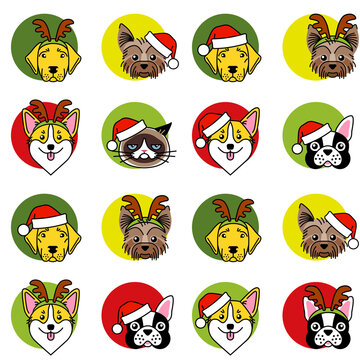 Dogs and cat in christmas hat seamless pattern