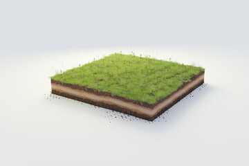 3D cubical beautiful grass land with soil geology cross section, 3D Illustration ground ecology isolated on whit background
