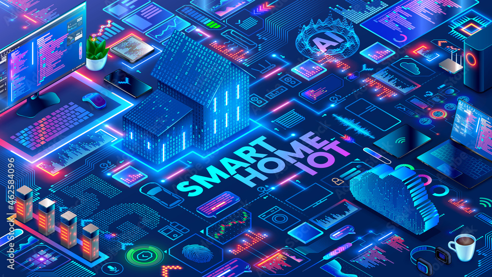 Fototapete Smart home system with objects automation control through wireless internet 5g. Development and Programming of Intelligence algorithms smart houses. Smart home technology isometric concept.