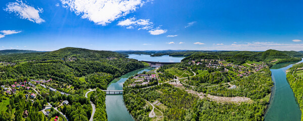 Panoramic view Over Solina Hydroelectrtic Dam on Lake in Poland at Summer