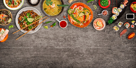 Obraz na płótnie Canvas Various of asian meals on rustic background , top view , place for text. Asian food concept.