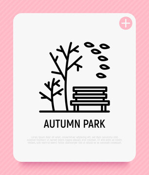 Autumn park thin line icon, bench, trees and leaves falling. Vector illustration.