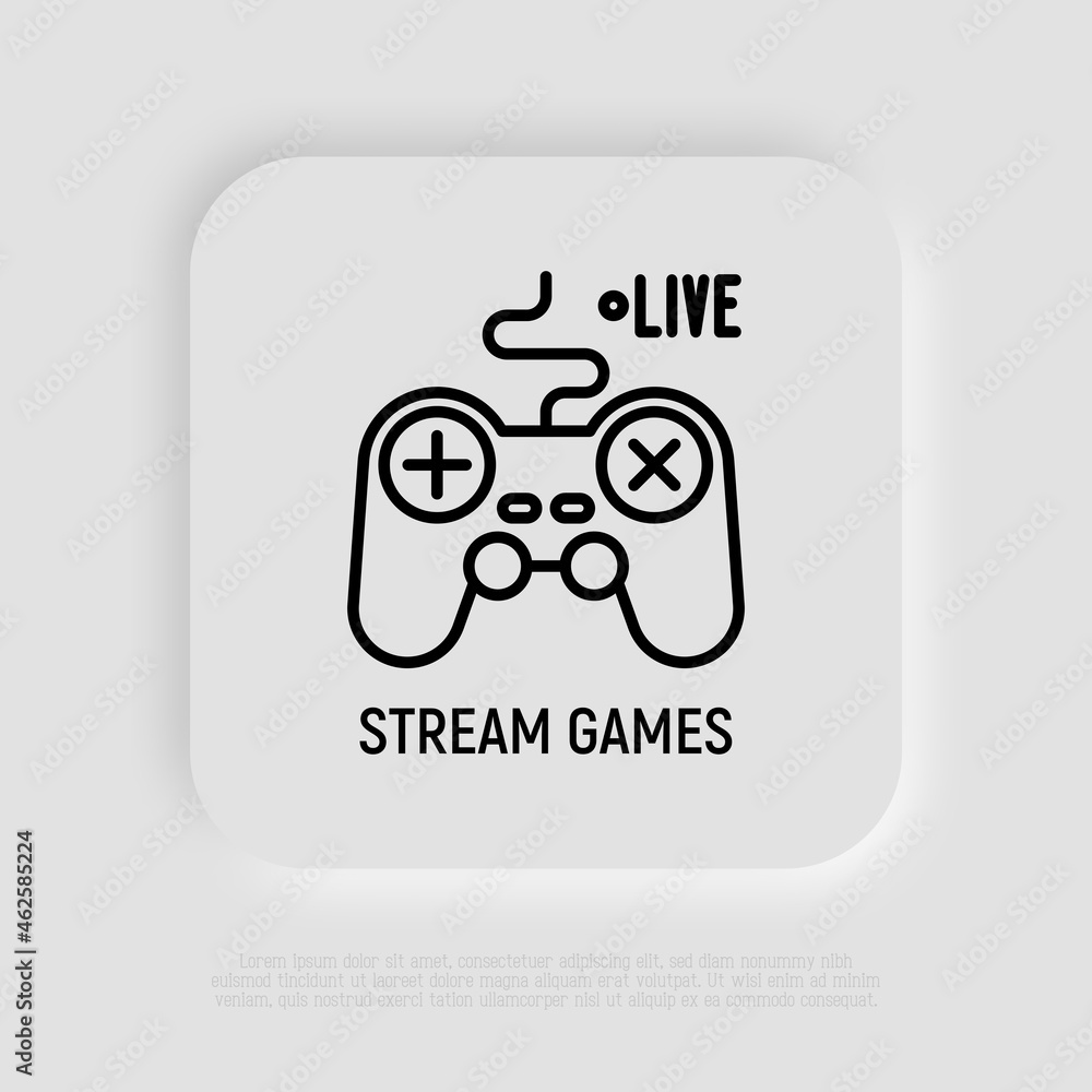 Wall mural Streaming of game thin line icon: gamepad with live sign. Modern vector illustration for blogger logo.