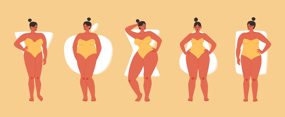 Fototapeta premium Types of female figures apple, pear. Set of tanned chubby women in swimwear. Triangular, rectangular and hourglass body type. Full beautiful girls with different shapes.