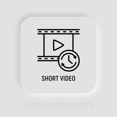 Short video thin line icon: film with button play and timer sign. Modern vector illustration for logo.