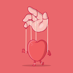 Heart controlled like a marionette vector illustration. Love, valentine, heartbreak design concept.