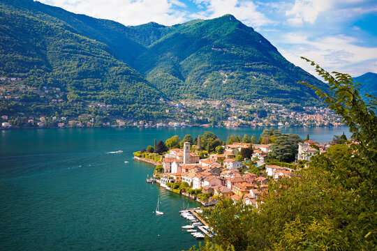 Idyllic town of Torno on Como lake aerial view