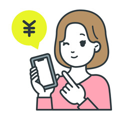 スマホで収入を得て喜ぶ大人の女性のイラスト