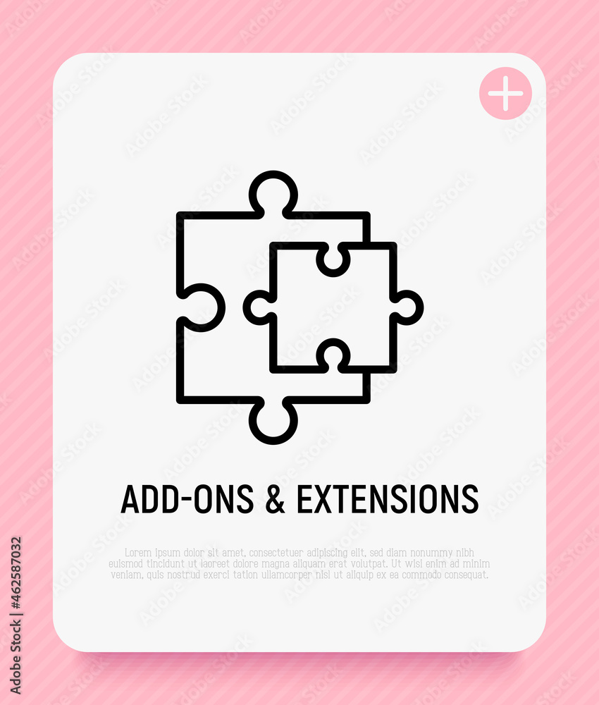 Poster add-ons and extensions. browser add thin line icon, two details of puzzle. modern vector illustratio