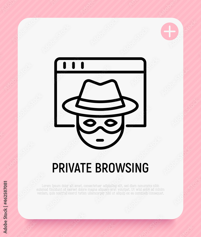 Poster private browsing thin line icon, person in hat and face mask on web page. modern vector illustration