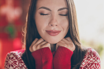Fototapeta premium Photo of adorable shiny lady wear red pullover smiling enjoying christmas time closed eyes indoors house home room