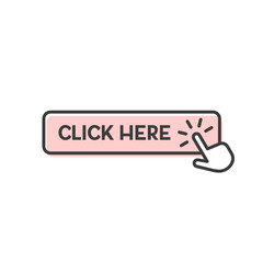 Pink click here square button with hand pointer icon.