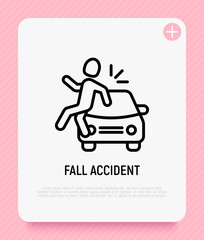 Fall accident thin line icon. Pedestrian is hitten by a car. Modern vector illustration of road safety.