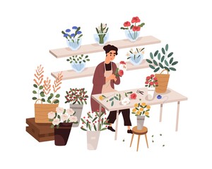 Florist making bouquet in flower shop. Woman at work in retail store with modern plants, sitting at table. Small business, flora trade. Colored flat vector illustration isolated on white background