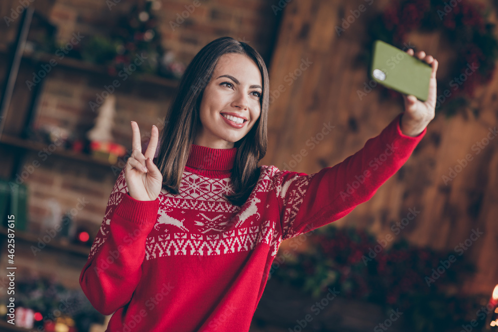 Sticker photo of sweet funny lady wear pullover recording modern device christmas congratulations showing v-