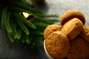 Oven fresh crispy baked butter cookies. traditional snack foods background,