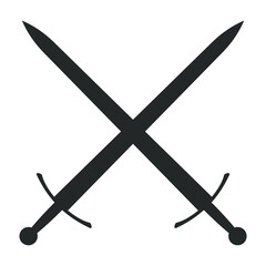 Sword vector illustration icon. Crossed swords military or heraldry symbol. Protection and security sign. Medieval or knight weapon. Fantasy longsword fencing logo. Clip-art silhouette.